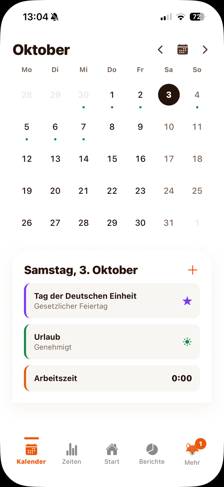 Monatskalender mit Feiertag, Urlaub und Arbeitszeit