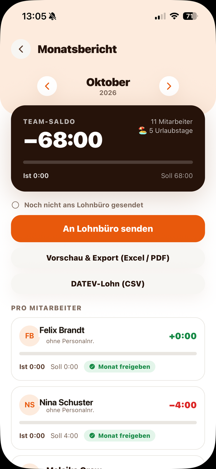 Monatsbericht mit Team-Saldo und Export zu Excel, PDF und DATEV
