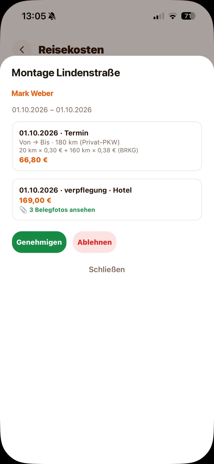 Reisekosten-Abrechnung mit BRKG-Aufschlüsselung, Belegfoto und Genehmigen-Knopf