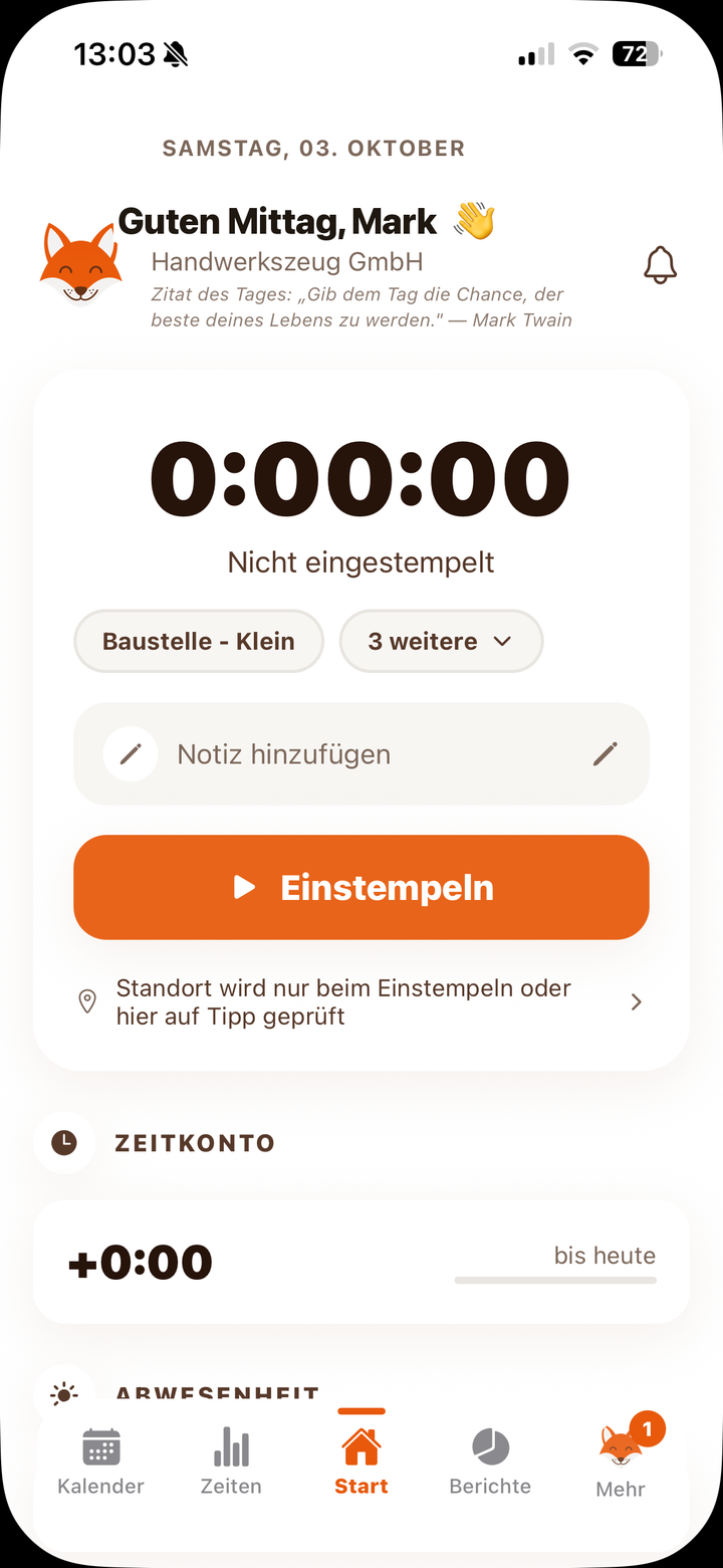 Zeitfuchs Start: laufende Stempeluhr, Zeitkonto und Ausstempeln-Knopf